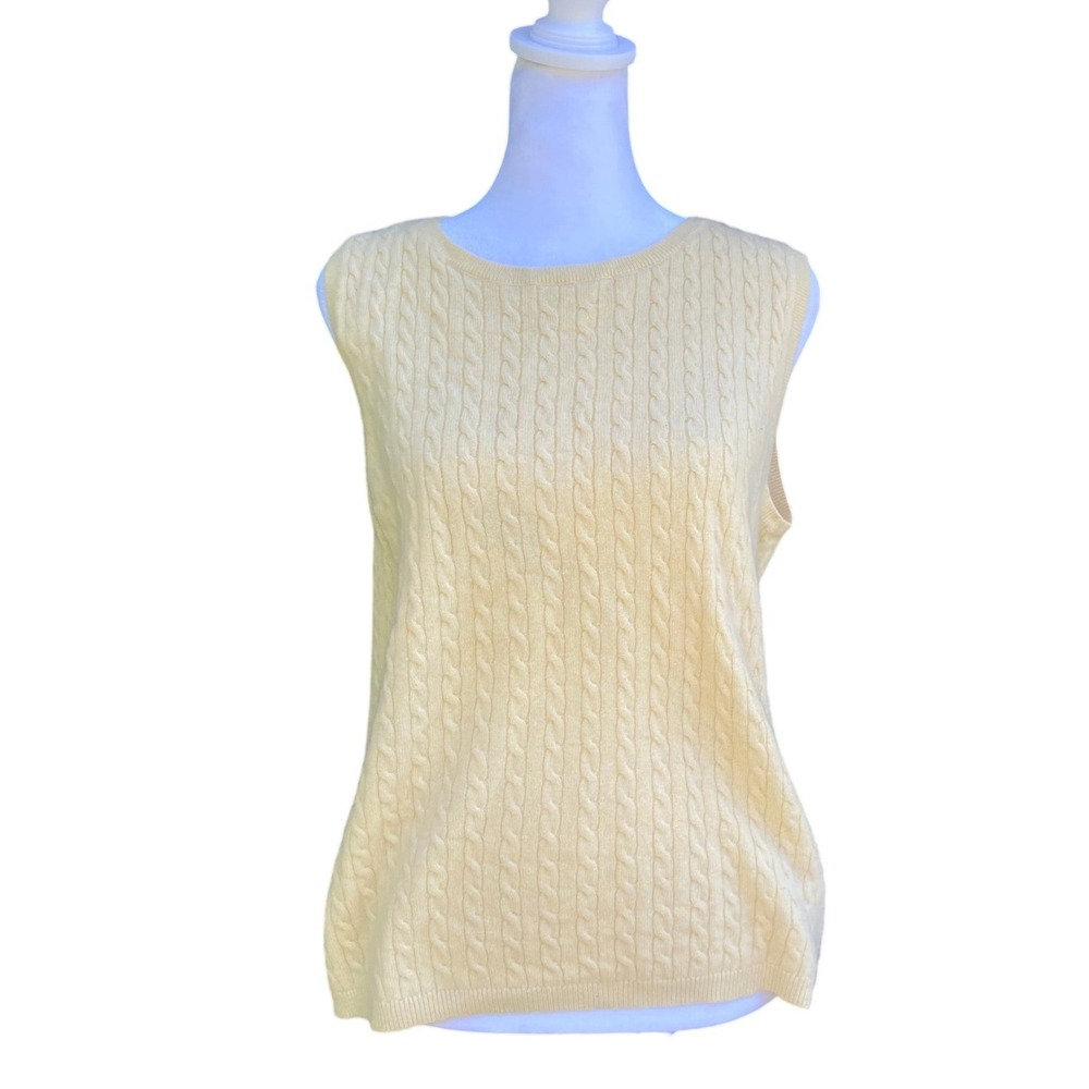 Vintage 1990s 100% Cashmere Cable Knit Yellow Sweater Vest Large Preppy Academia